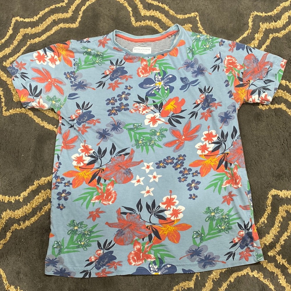Floral T Shirt Denim & Flower Size S